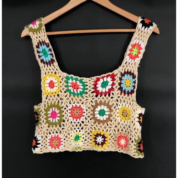 Womens Crochet Granny Square Crop Top S Festival Boho Chic Retro Hippie Bohemian - Picture 2 of 5